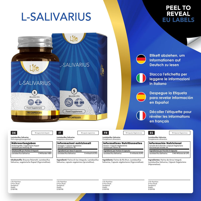 LN Lactobacillus Salivarius | 90 Lactobacillus Salivarius Probiotic Capsules - 5 Billion CFU L-Salivarius per Capsule | Non-GMO, Gluten & Allergen Free | Manufactured in The UK