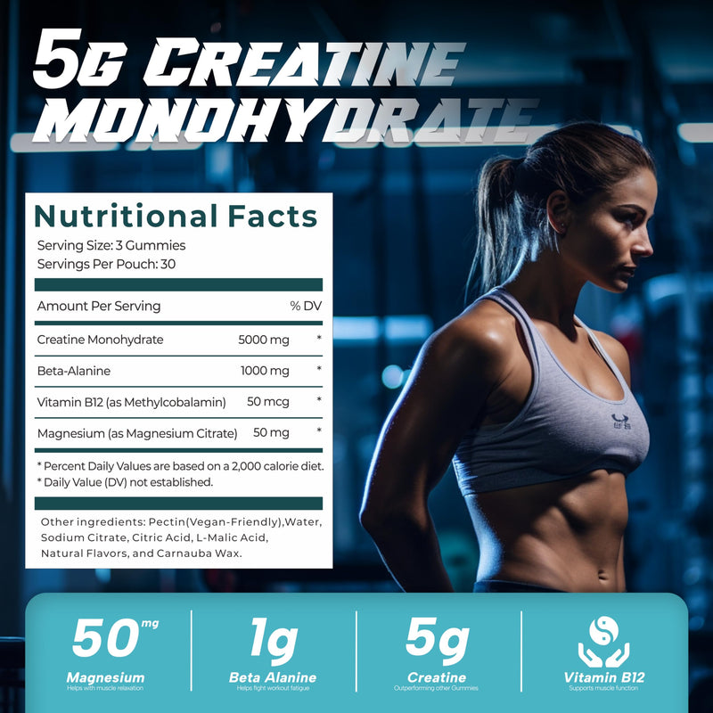Creatine Monohydrate Gummies, 5000mg Creatine, 1000mg Beta-Alanine, with Added Magnesium & VIT B12, 90 Vegan Gummies, Gym Supplement for Men & Women (30 Day Supply, Blueberry Flavour)
