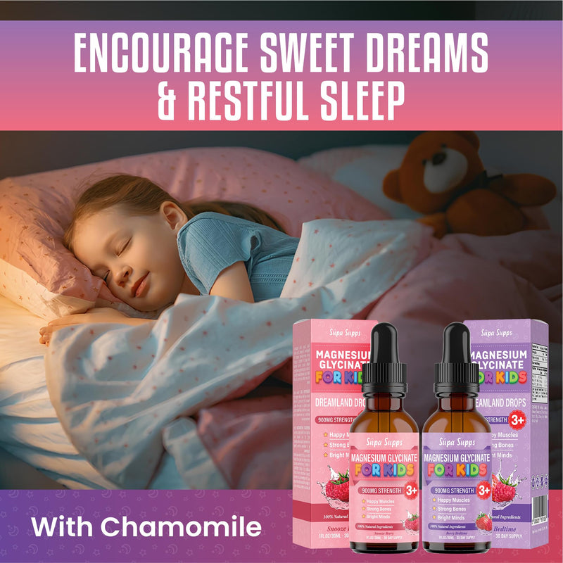 Kids Magnesium Glycinate 60ml - Berry Bedtime | Supa Supps Liquid Magnesium Glycinate 3-in-1 Drops Support Relaxation, Calm, Balanced Energy, Focus & Growth | Easy Daily Supplement 2 Months Supply