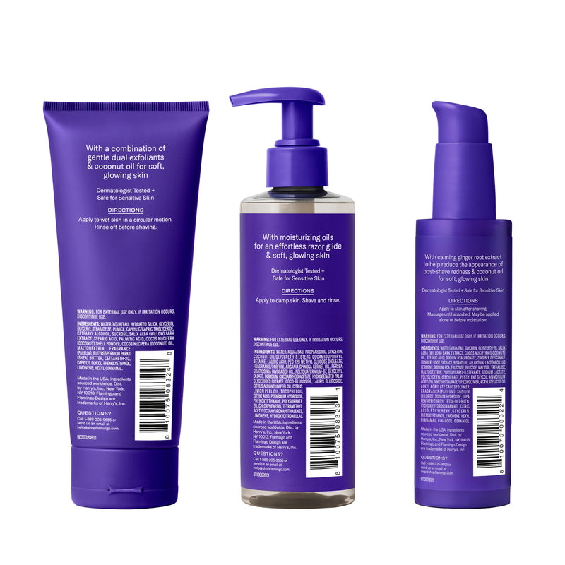 [Australia] - Flamingo 3-Step Shaving Set for Women - Smoothing Prep Scrub, Nourishing Shave Oil, and Soothing Post Shaving Serum - Glow Shave Collection Scrub, Shave Oil and Serum Kit 