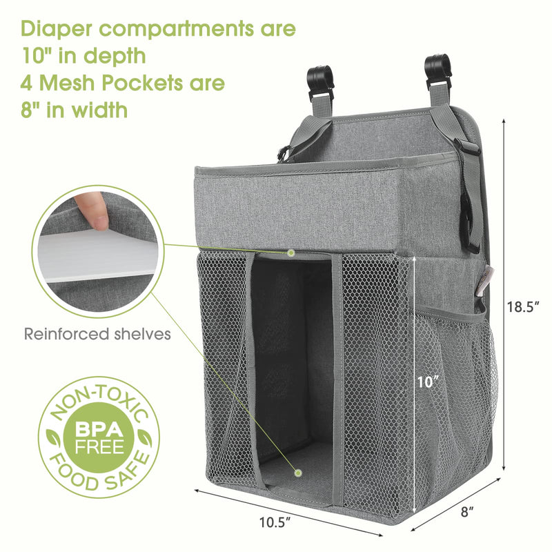 [Australia] - Maliton Changing Table Diaper Organizer - Baby Hanging Diaper Stacker Nursery Caddy Organizer for Cribs Playard Baby Essentials Storage - Hold 52+ Diapers - 18.5" x 10.5" x 8" (Gray) Grey 