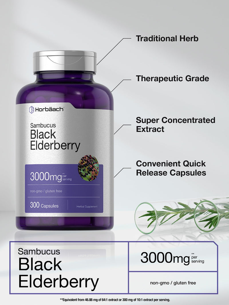 Horbäach Black Elderberry | 3000mg Capsules | 300 Count | Non-GMO, Gluten Free | Sambucus Supplement 300 Count (Pack of 1)