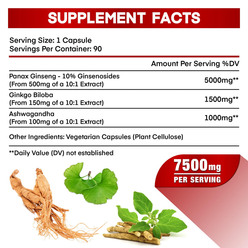 [Australia] - Korean Red Panax Ginseng 7500mg Highest Potency with Ginkgo Biloba and Ashwagandha, Boost Energy, Memory, and Immune System - Focus Supplement Pills for Men and Women, 90 Vegan Capsules 
