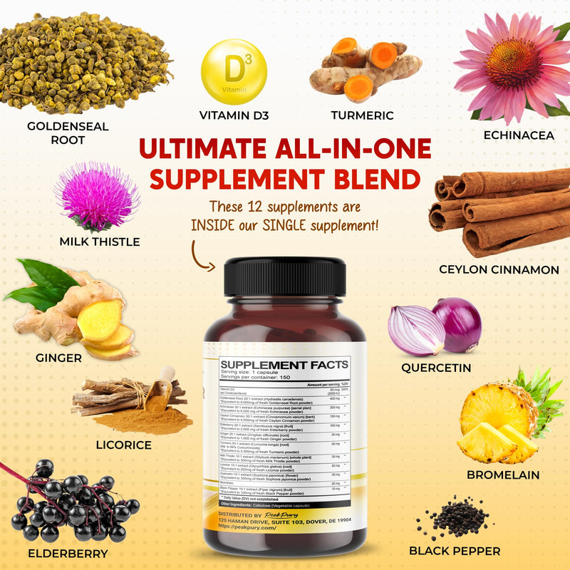 [Australia] - Goldenseal Root 8000mg Echinacea 6000mg Cinnamon 4500mg Elderberry 2000mg - All-in-1 Supplement - Made in USA 150 count (pack of 1) 