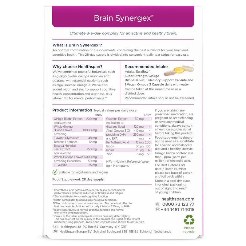 Healthspan Brain Synergex | 28 Day Supply | Brain Health Supplements | Ginkgo Biloba, Neuro-Vitamin Complex, Opti-Omega 3 & Phospholipid Complex