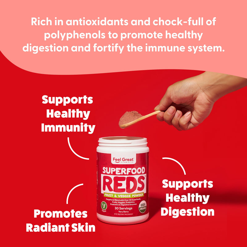 Feel Great Organic Superfood Reds Powder Packed with Beet Root Powder | Digestive Support Including Bloating Relief | Fruit and Veggie Polyphenols Supplement. Superfood Very Berry Reds Powder