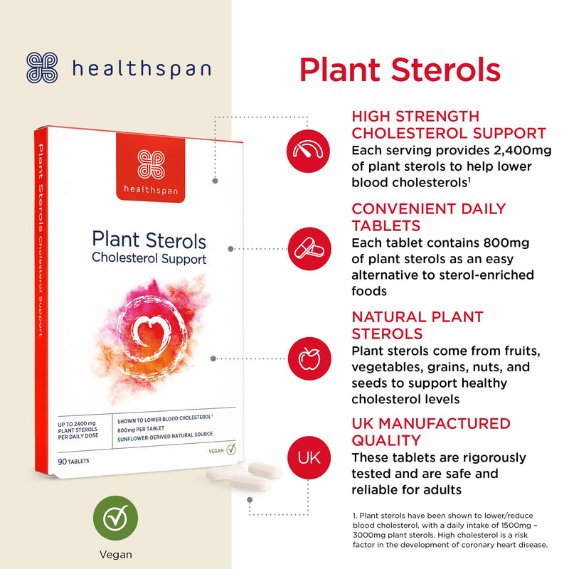 Healthspan Plant Sterols 2400mg – 90 Tablets – High Strength – Supports Normal Cholesterol Levels – UK Manufactured 90 count (Pack of 1) Plant Sterols - 90 Tablets