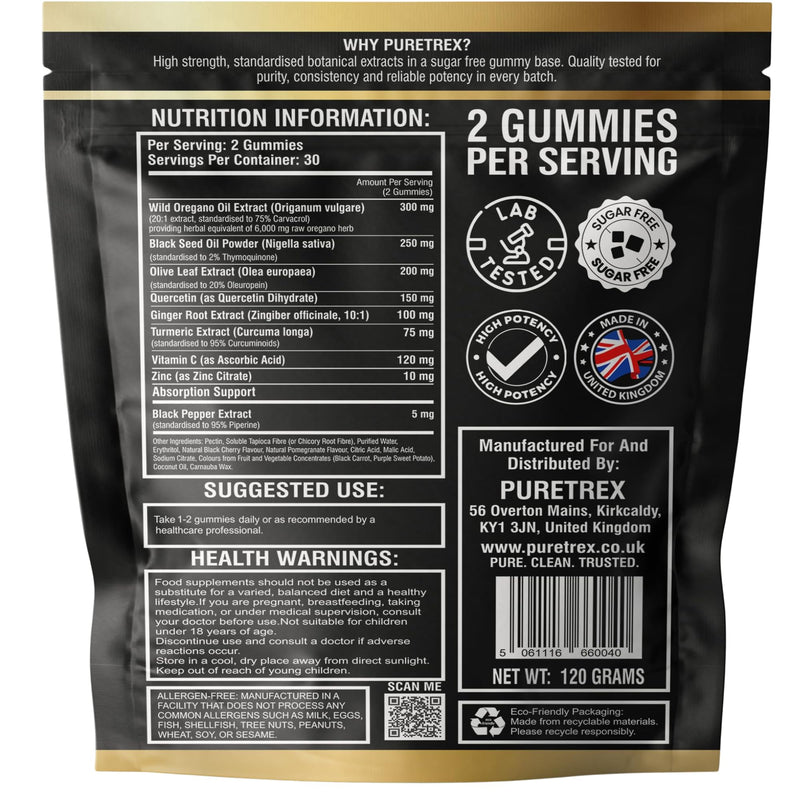 Oregano Oil Gummies 6000mg Herbal Equivalent with Black Seed Oil, UK Made Wild Oregano Oil Immune Support Gummies with Olive Leaf, Ginger, Turmeric, Vitamin C, Zinc & Black Pepper, Vegan 60 Count