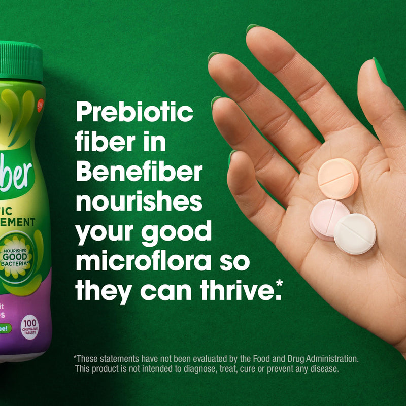 [Australia] - Benefiber Chewable Prebiotic Fiber Supplement Tablets for Digestive Health, Assorted Fruit Flavors - 100 Count 
