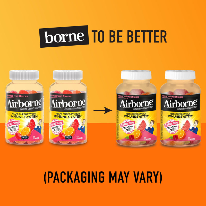 Airborne 750mg Vitamin C Gummies for Adults, Immune Support Supplement with Powerful Antioxidants Vitamins A C & E - 2x63ct Bottles (126 Gummies), Assorted Fruit Flavor | Antioxidants Vitamins A, D & E + Zinc, Selenium, and Manganese, Herbal Blend, Nat...