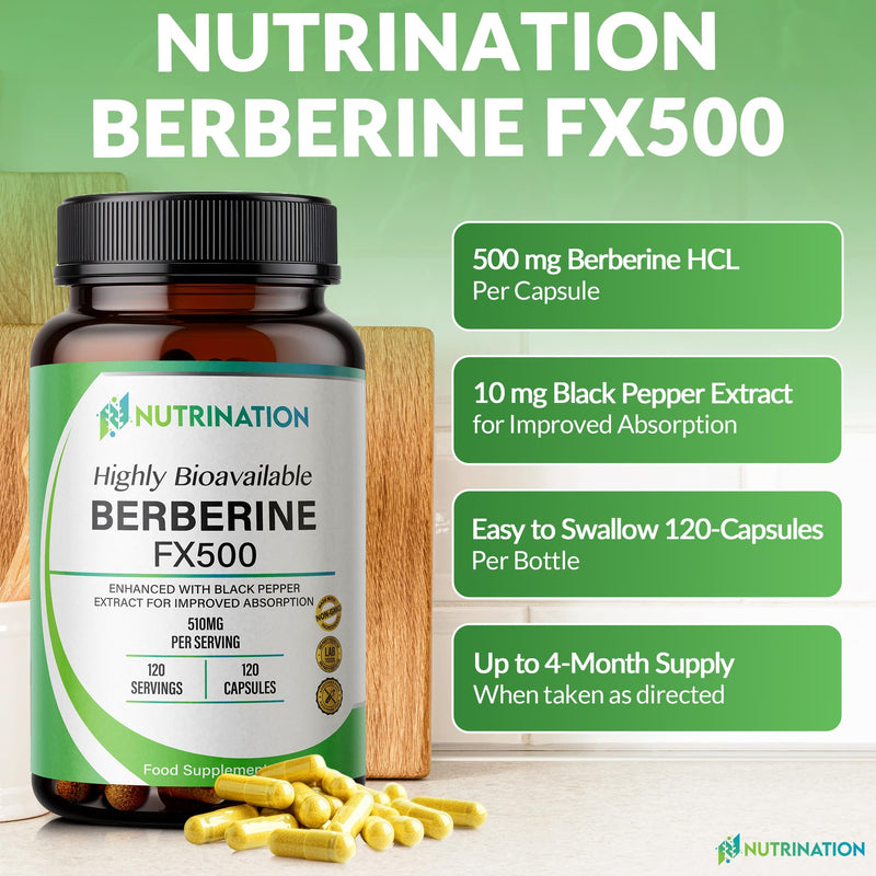 Berberine high Strength Supplement-510Mg Per Capsule- 4 Months Supply -120 Vegan Capsules 98% Pure Berberine HCL with Black Pepper Extract for Improved Absorption- Non-GMO-lab-Tested