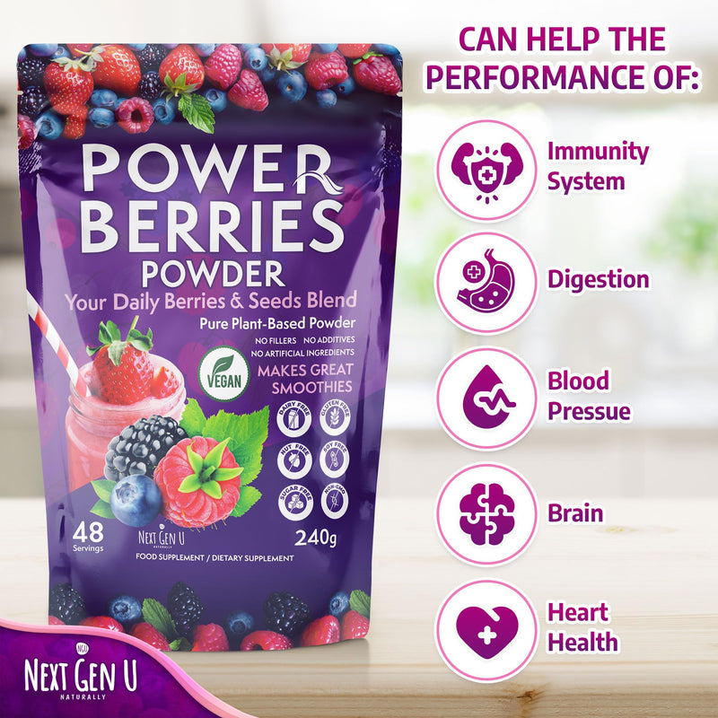 Super Berry Powder - 1 Pack, 240g - Immune Support - Food Supplement - Superfood Berries - Smoothie Mix for Shakes - Healthy Boost for Detox Juice Beverages or Any Drink - by NextGenU 240g (Pack of 1) Brown
