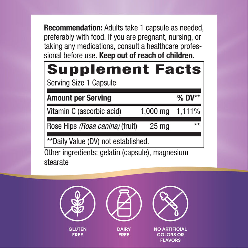 Nature's Way Vitamin C 1000 mg with Rose Hips, 1000 mg per Serving, 100 Capsules, Pack of 2 200 Count (Pack of 1)