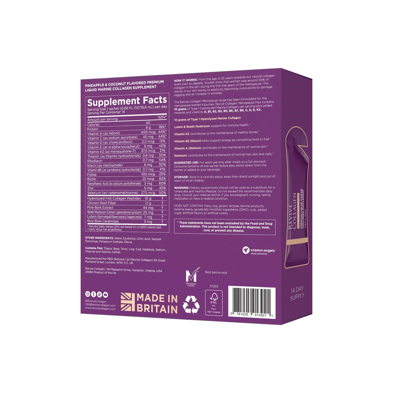 Revive Collagen Menopause Max — Hydrolyzed Marine Collagen Drink for Women, 10,000MG, Lutein, Reishi Mushroom, Vitamin B6, C & D, for Skin & Eye Wellness, Pineapple & Coconut Flavour — 14 Packets 14 days