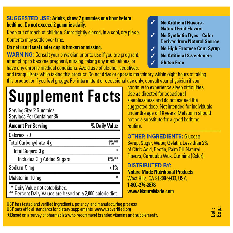 Nature Made Melatonin 10 mg per Serving Gummies, 70 Melatonin Gummies Strawberry 70 Count (Pack of 1)