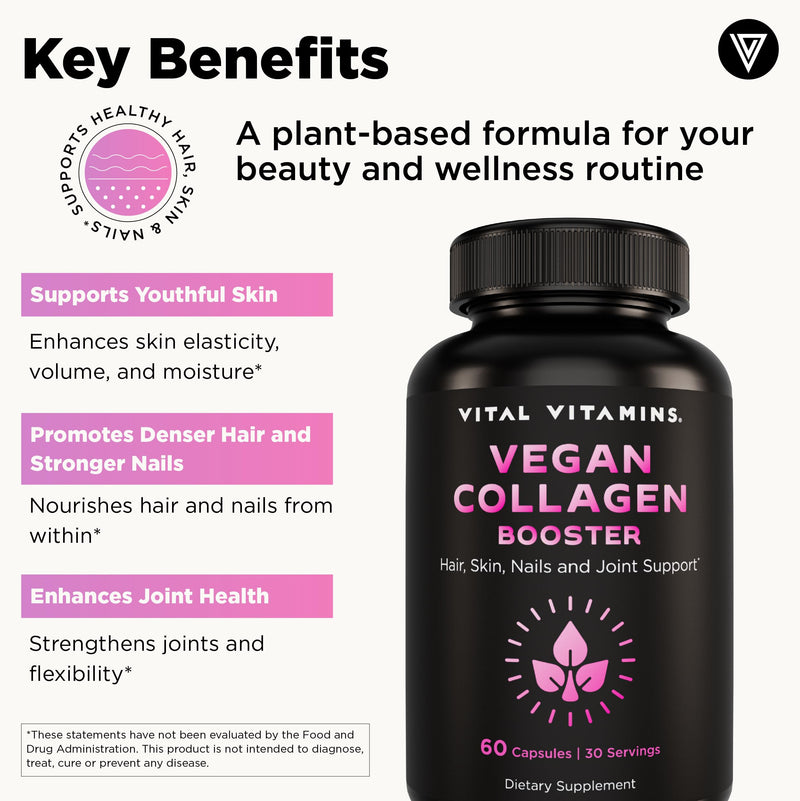 [Australia] - Vital Vitamins Vegan Collagen Booster - with Silica and Hyaluronic Acid - Plant-Based Collagen Supplements - Supports Hair, Skin, Nails & Joints - 60 Capsules 