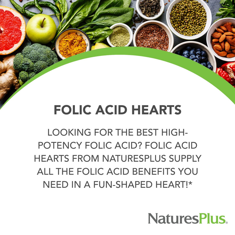 NaturesPlus Folic Acid Hearts - 90 Tablets - Supports Immune & Prenatal Health with Methylfolate & Methylcobalamin - Gluten Free, Vegetarian, Allergen Free - 90 Servings