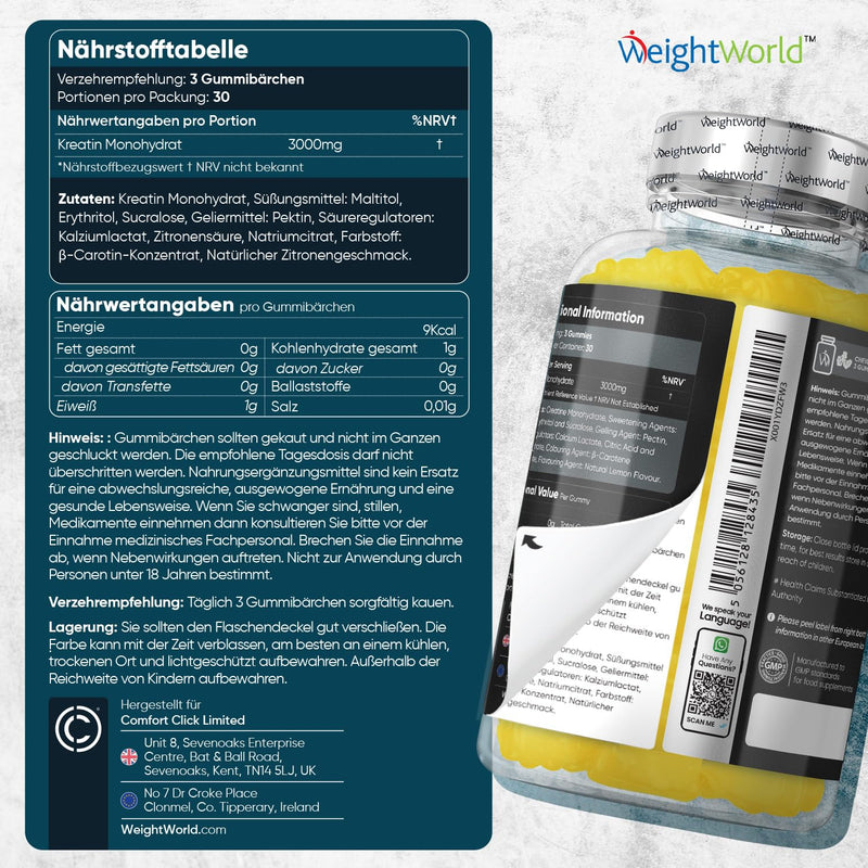 [Australia] - Creatine Monohydrate - 3000mg creatine per serving - 90 gummies without sugar - Delicious alternative to capsules, tablets, powder with lemon flavor - Vegan gummies from WeightWorld 