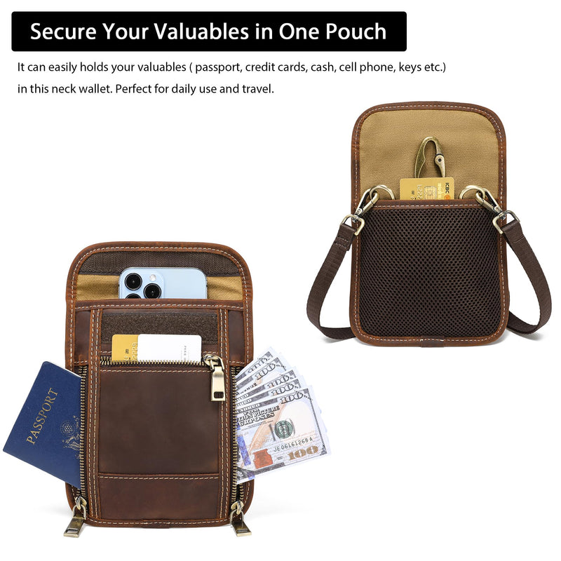LANNSYNE Full Grain Leather Travel Wallet, Leather Cell Phone Belt Bag, Waist Pack Pouch, Neck Wallet Travel Pouch and Passport Holder for Men and Women Keep Valuables Safe Brown