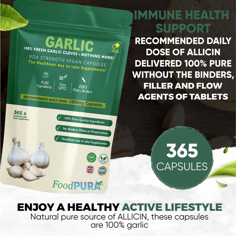 365 X Pure Garlic Capsules Recommended Daily Strength 1000mg - Capsules are The SAFEST Way to take Any Supplement! HACCP Certified, Manufactured in The UK. 365 count (Pack of 1)