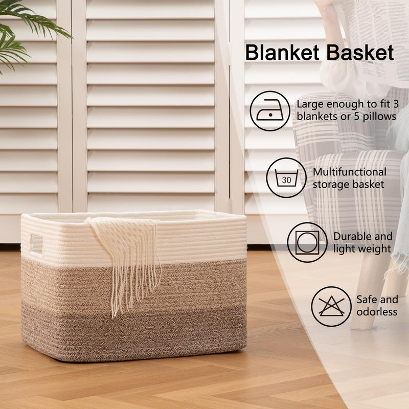 [Australia] - OIAHOMY Cotton Rope Basket, Rectangle Woven Baskets for Storage, Nursery Blanket Basket Living Room, Toy Basket With Handle, Baskets for Organizing-18”x14”x12”-Gradient Yellow Gradient Yellow 