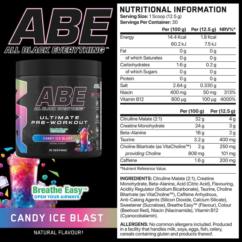 Applied Nutrition Bundle ABE Pre Workout 375g + ABE Black Shaker 700ml | All Black Everything Pre Workout Powder, Energy Drink, Physical Performance, Creatine, Beta Alanine, Caffeine (Candy Ice Blast) Candy Ice Blast Shaker 700 ml