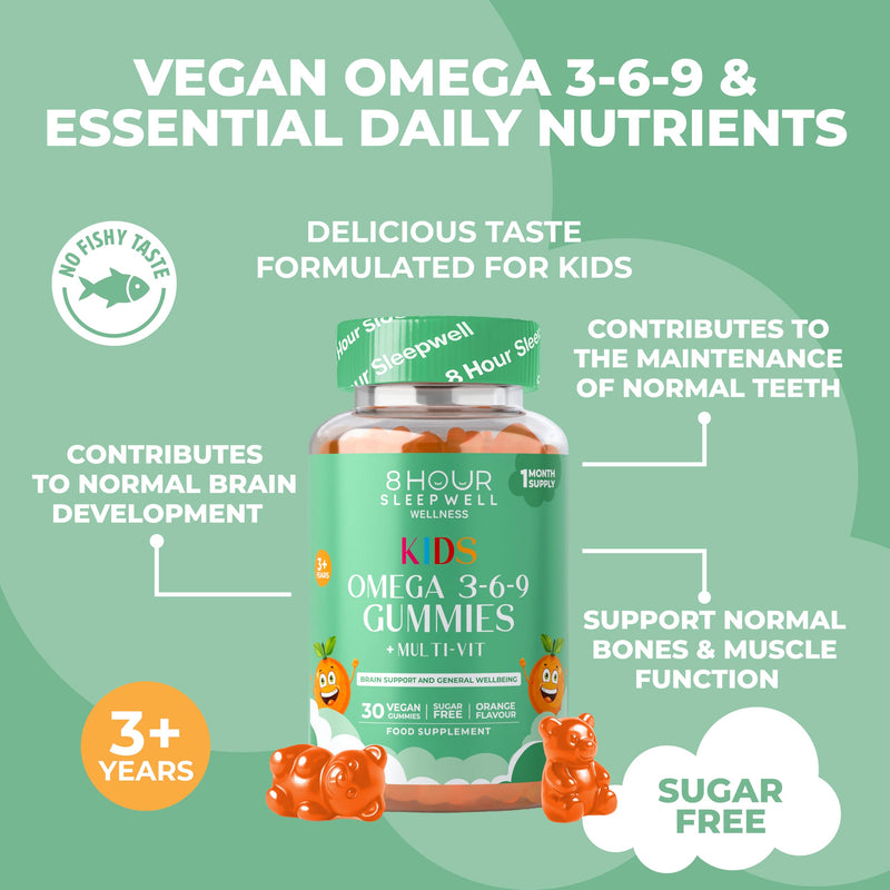 Kids Omega 3, 6 & 9 Gummies – Vegan, Sugar & Gluten-Free | Plant-Based Omega with 8 Essential Vitamins | Chewable Multivitamin for Kids, Tasty Alternative to Fish Oil | 1 Month Supply