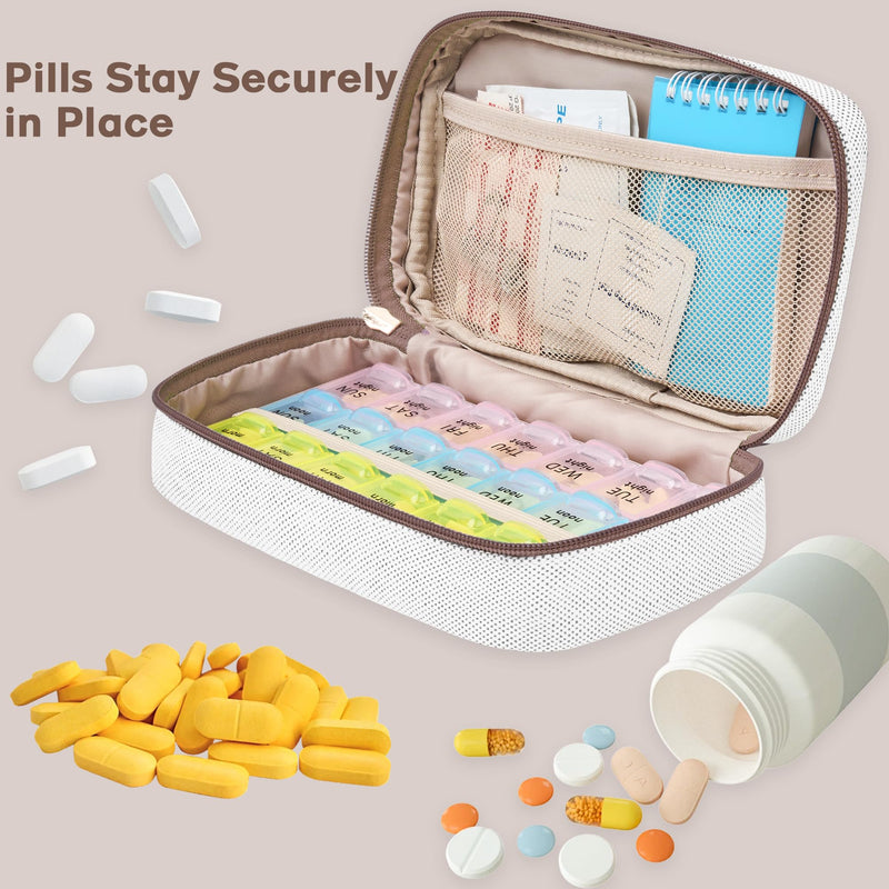 Weekly Travel Pill Organizer 3 Times a Day for Purse with Canvas Pill Case | Cute Am Pm Pill Box 7 Day ,Travel Medicine Organizer Pill Container Holder for Vitamins,Fish Oils,Medication,Medical Supplies Brown 03 Large