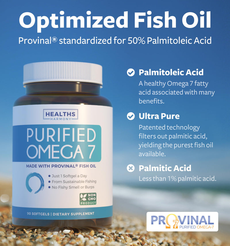 Omega 7 Supplement for Women and Men - High Potency & Purity Palmitoleic Acid Fatty Acid Fish Oil Supplement from Patented Provinal with Lowest Palmitic Acid - Sustainably Sourced (3 Month Supply) 90 Count (Pack of 1)