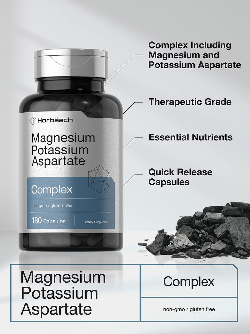 Horbäach Magnesium Potassium Aspartate Complex | 180 Capsules | Non-GMO and Gluten Free Formula 180 Count (Pack of 1)