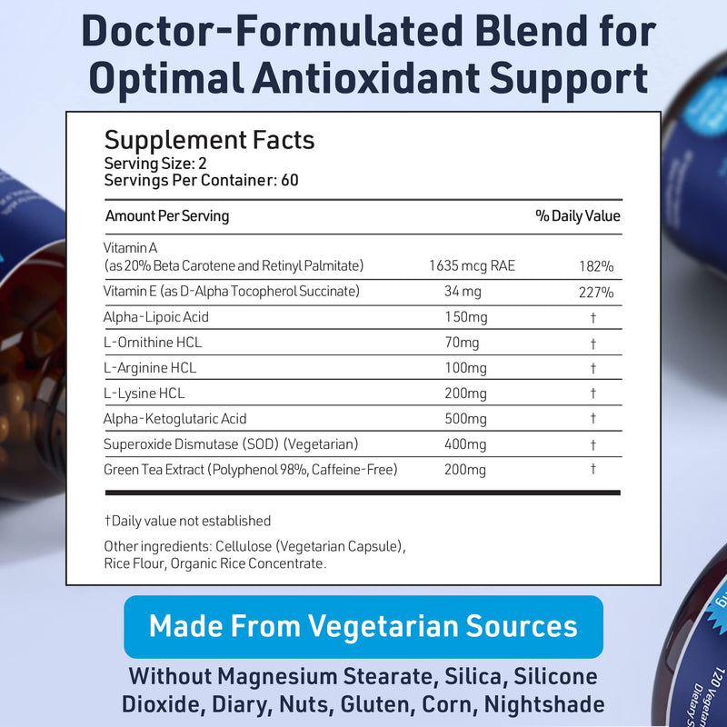 [Australia] - SOD Antioxidants Complex Healthy Aging Supplement - 400mg of Superoxide Dismutase - Alpha Lipoic Acid - Green Tea Extract - L-Arginine - Lysine - AKG - Vitamins A and E for Immune Support-120 Capsules 120 Count (Pack of 1) 