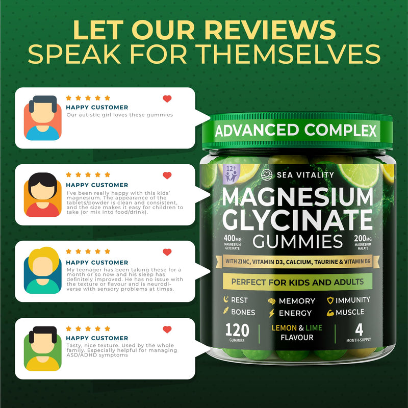 Magnesium Glycinate Gummies for Kids & Adults - High Strength Magnesium Glycinate 400mg with Malate, Zinc, D3, B6 & Taurine – Lemon & Lime Flavours – Sleep, Focus & Relaxation – 120 Chews Lemon Lime 120 count (Pack of 1)
