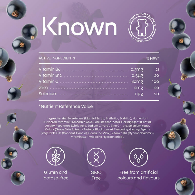 Known Kids Vitamin C Complex Gummies - Sugar-Free, Vitamin C & Zinc - Immune Support - Natural Blackcurrant Flavour - 30 Vegan Gummies, 1 Month Supply