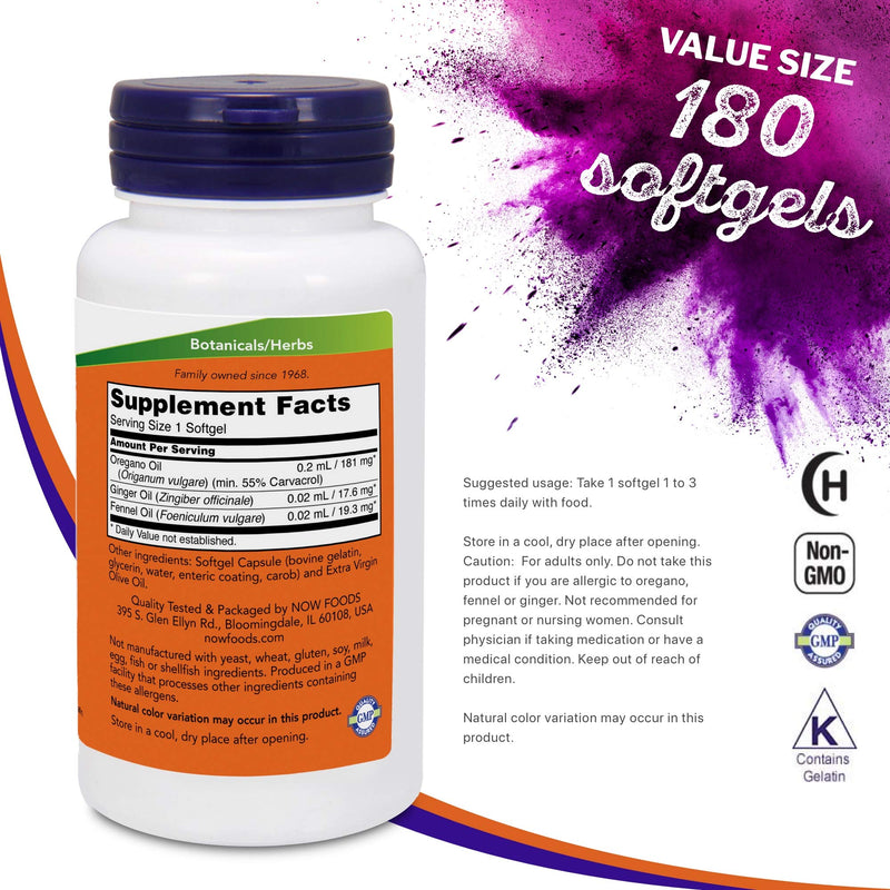 [Australia] - Now Foods Oregano Oil (Minimum 55% Carvacrol) – 181mg, 180 Softgels – High Potency Digestive Support Supplement, Promotes Gut Health, Natural Antibiotic - Kosher - 180 Servings 
