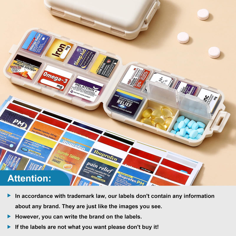 14 Grids Travel Pill Organizer Box with 415-Pcs Medicine Name Labels - Pocket Daily Pharmacy Case Container Kit - Travel Medication Holder Dispenser for Fish Oil Vitamin Supplement Storage - Khaki with Bulk Med Labels