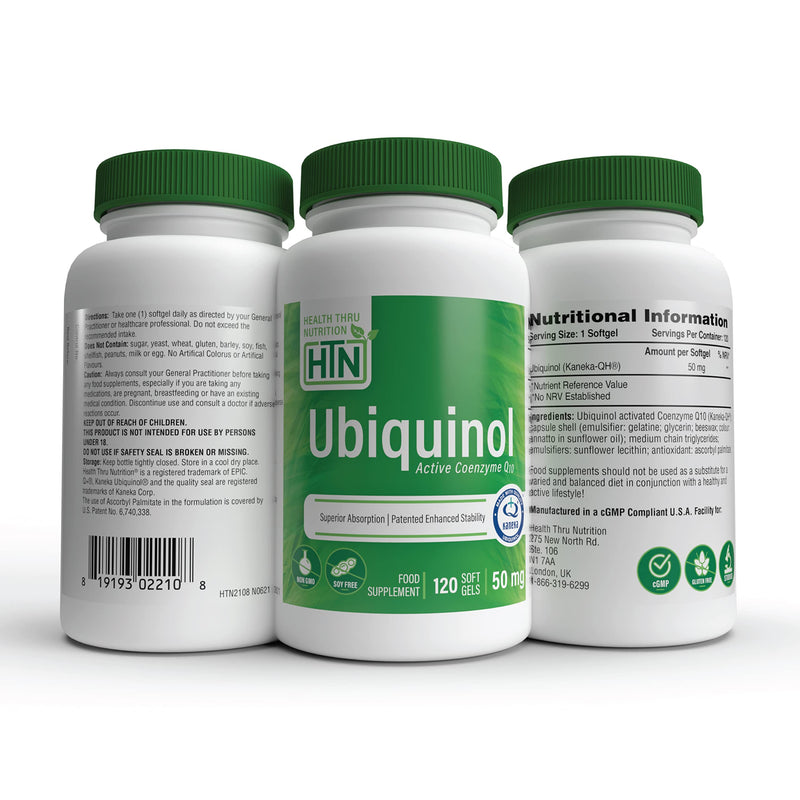 Ubiquinol 50mg as Kaneka QH Reduced CoQ-10 | Stabilized - 3rd Party Tested | Enhanced Bioavailability | Cardiovascular & Mitochondria Function Support | Non-GMO by Health Thru Nutrition (Pack of 120)
