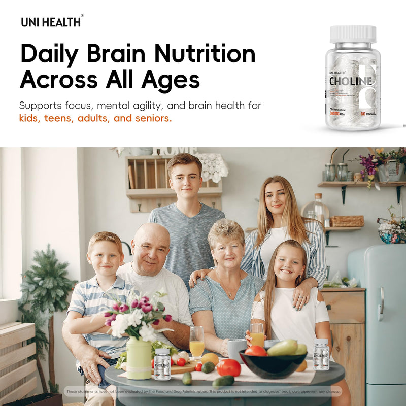 UniHealth® Choline 500 mg with VitaCholine®, 60-Day Supply, Liquid Vegan Capsules for Prenatal Choline Supplement, Brain Health, Cognitive Performance & Liver Support, Non-GMO, Gluten-Free, USA Made