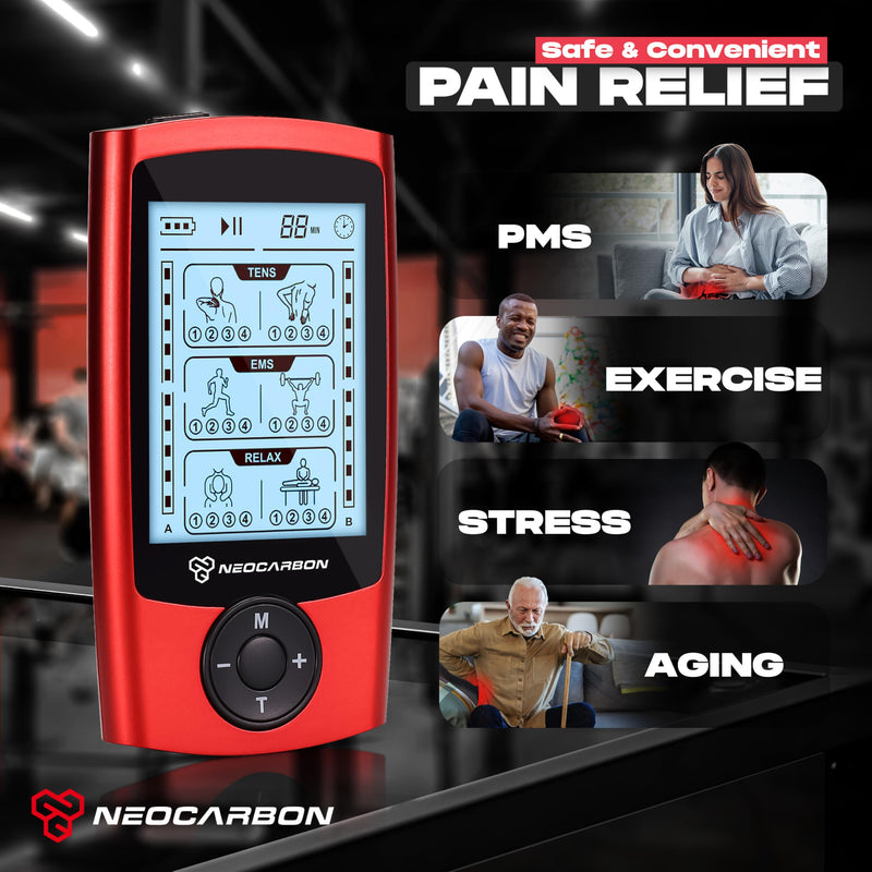 NEOCARBON TENS Unit Muscle Stimulator, Pulse Massager Machine, Red | All in One Kit, Pain Relief at Home, TENS & PMS Muscle Stimulator, Pulse Massager for Nerve & Muscle Pain Relief