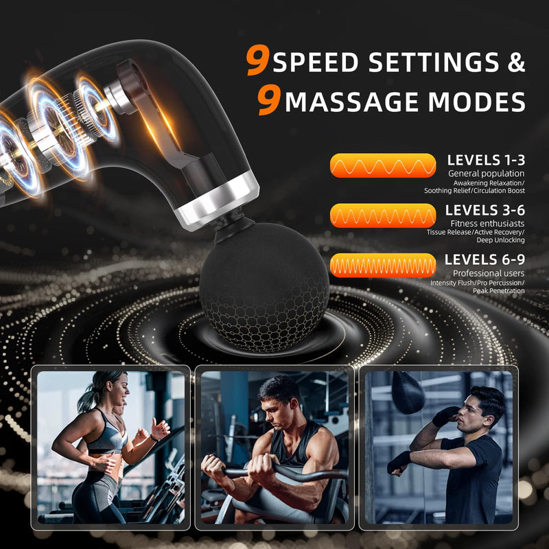 [Australia] - Massage Gun with Upgraded Extension Handle, Back Massage Gun Deep Tissue, Back Massager for Pain Relief for Muscles Neck Shoulders Waist Arm Legs Foot, 4 Replaceable Heads & 9 Speed Levels（Black） 