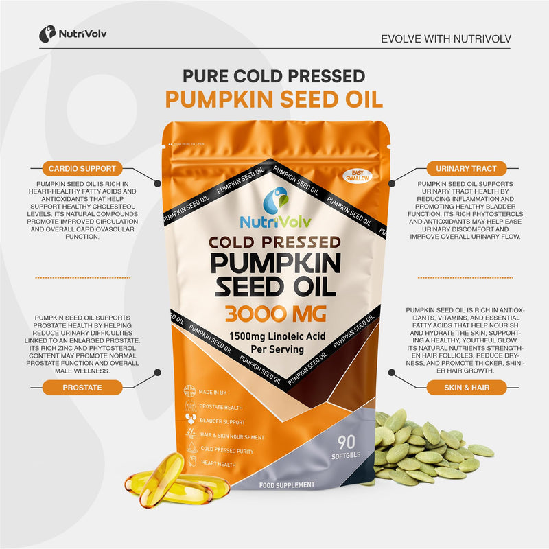 Pumpkin Seed Oil 3000mg | 90 Softgels | 100% Cold-Pressed & High in Linoleic Acid (50%) | Prostate, Bladder, Hair & Heart Health | Pure, No Additives | High Strength Oil Supplement | by NutriVolv