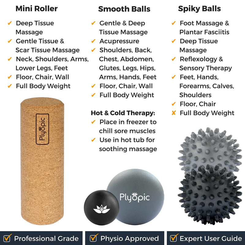 [Australia] - Massage Ball Set – Complete 5-Piece Kit: Spiky, Lacrosse & Mini Precision Balls + Roller – Plantar Fasciitis, Foot Arch & Heel Relief – Trigger Point Therapy for Back, Neck, Shoulders & Full Body Modern Grey & Black With Natural Cork Roller 
