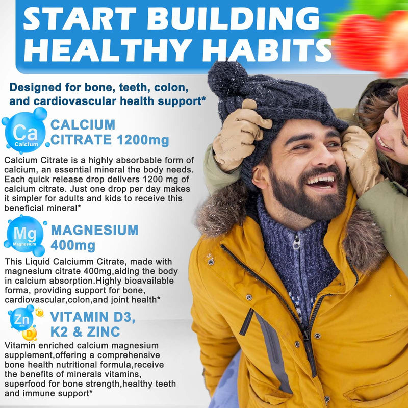 [Australia] - Calcium Citrate Supplement,1200mg Calcium with Vitamin D3 Drops for Bone,Teeth,Colon,Cardiovascular Health,High Absorption Liquid Calcium Magnesium Citrate 400mg Plus Zinc Vitamin K2,Vegan,30 Servings 