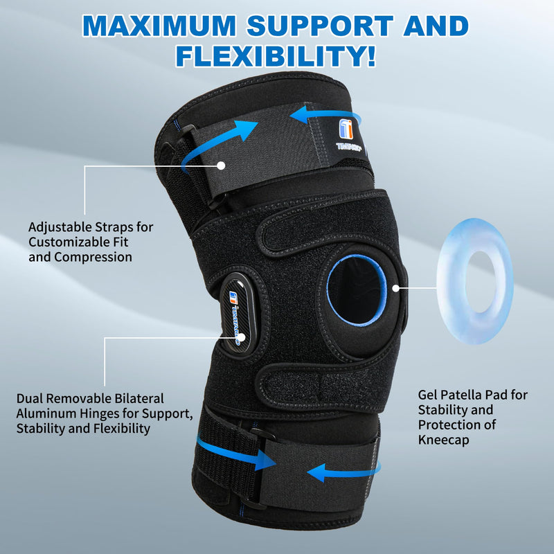 Knee Brace for Men & Women, Pull on Hinged Knee Support with Side Stabilizers and GEL Patella, X-Straps Fixing, Knee Braces for Knee Pain, Meniscus Tear, ACL, PCL, MCL, Arthritis, Right Left Leg Brace Large Black New