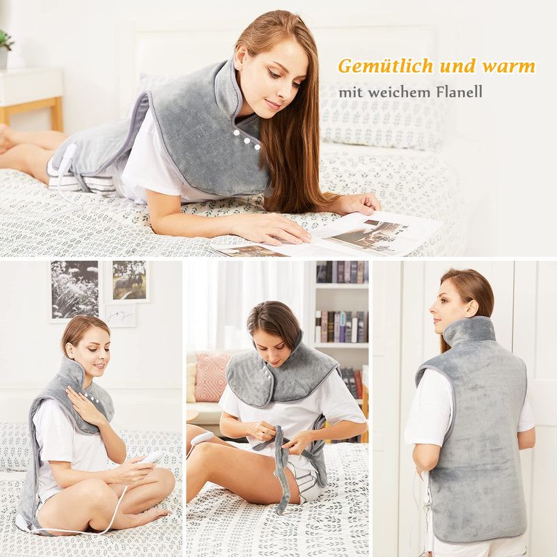 [Australia] - Heating pad for back, shoulder, neck, 60x100cm, heat pad with automatic switch-off, quick heating with waist strap, back warmer 6 heating levels & auto-OFF timer, flannel material, washable, gray 