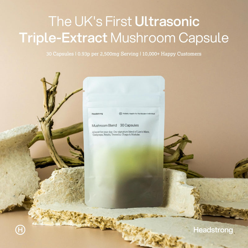 Headstrong 5 Mushroom Blend Capsules, 90% Active Compound Yield, Ultrasonic Triple-Extract, 30 Day Supply, 2,500mg per Capsule.