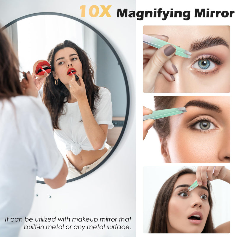 Tweezers and 10X Magnifying Mirror Kit with Travel Leather Case, Eyebrow Tweezer Set for Women & Men, Great Precision for Facial Hair, Splinter and Ingrown Hair Removal - Starry Green
