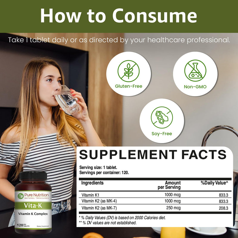 [Australia] - Pure Nutrition Vitamin K Complex K1 + K2 | 2250 mcg | 120 Tab | Full Spectrum K Vitamin Supplement with K1 1000mcg, K2 as MK4 1000mcg + K2 as MK7 250 mcg | Non GMO | Gluten Free 