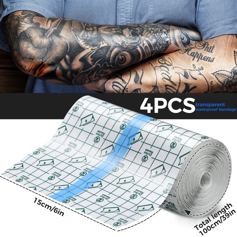 [Australia] - Tattoo Aftercare Waterproof Bandages, 6" x 4.4 Yard Tattoo Cover Up Tape, Tattoo Supplies Second Skin Transparent Film Healing Protective Clear Sterile and Safe Bandages 4 Rolls (6" x 1.1 Yard/Roll) 