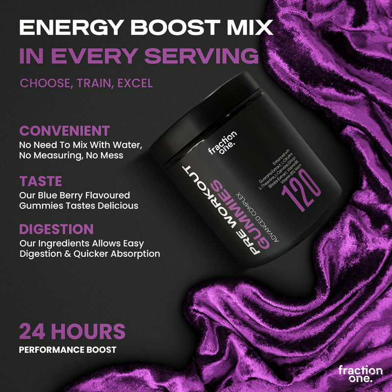 Fraction One Pre Workout Gummies - 120 Gummies - Energy Focus Support Complex With Guarana, L Theanine, L Citrulline, Vitamins B6, B12 & Niacin Performance & Endurance - Berry - Vegan - 60 Days Supply