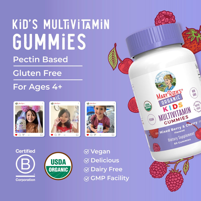 MARYRUTH'S USDA Organic Multivitamin Gummies, Ages 4+, Kids Vitamins, 60ct | 1 Month Supply, Vegan, Only 2 Gummies a Day, 60 Count